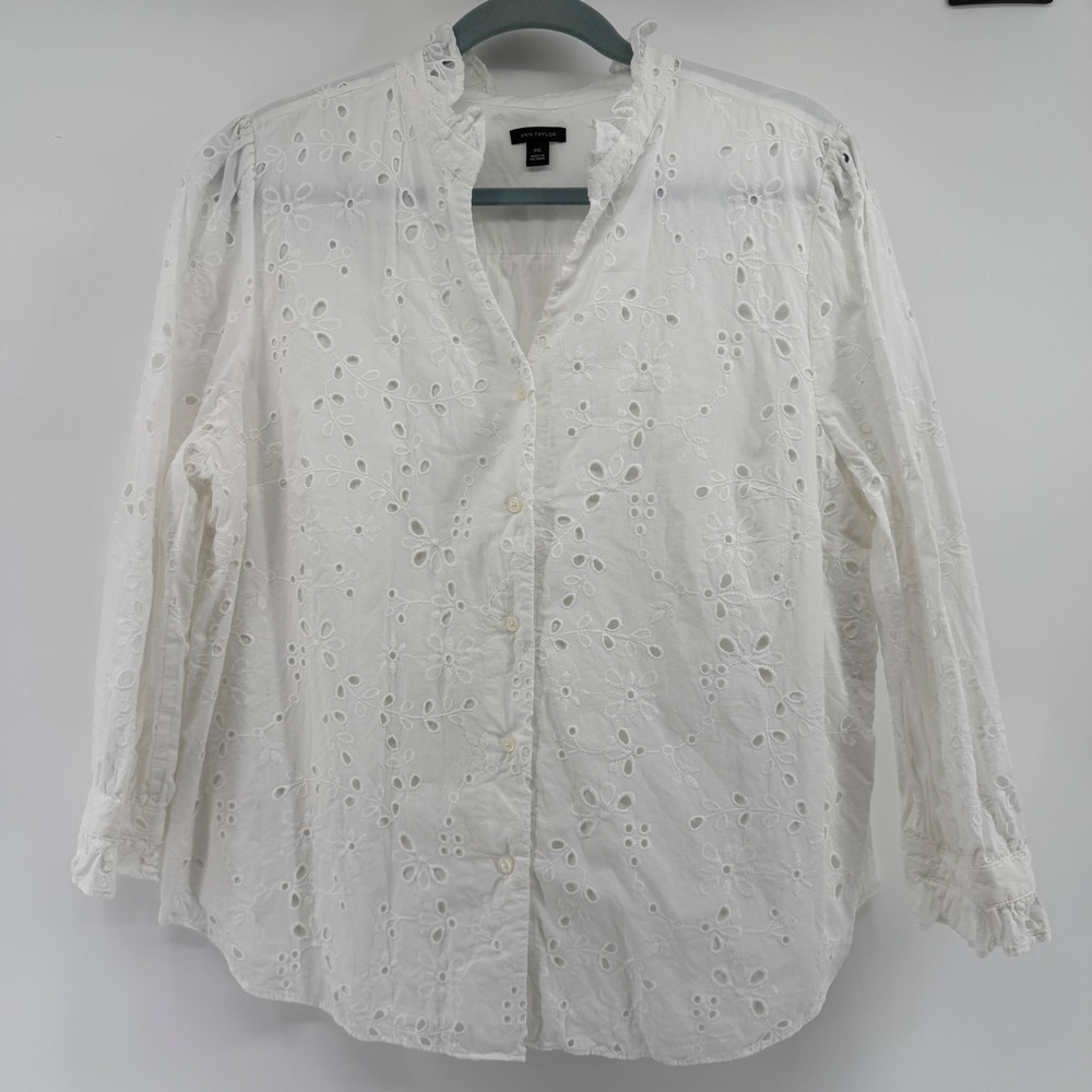Ann Taylor White Eyelet Cotton Ruffle Collar Button Front Blouse XXL Womens